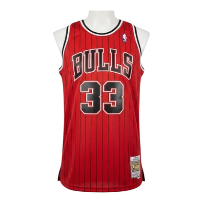 Mitchell & Ness Red Chicago Bulls Pin Stripe Scottie Pippen Jersey Size L