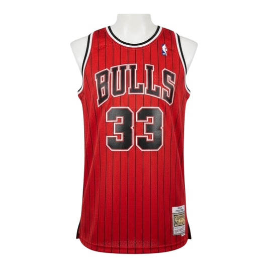 Mitchell & Ness Red Chicago Bulls Pin Stripe Scottie Pippen Jersey Size L