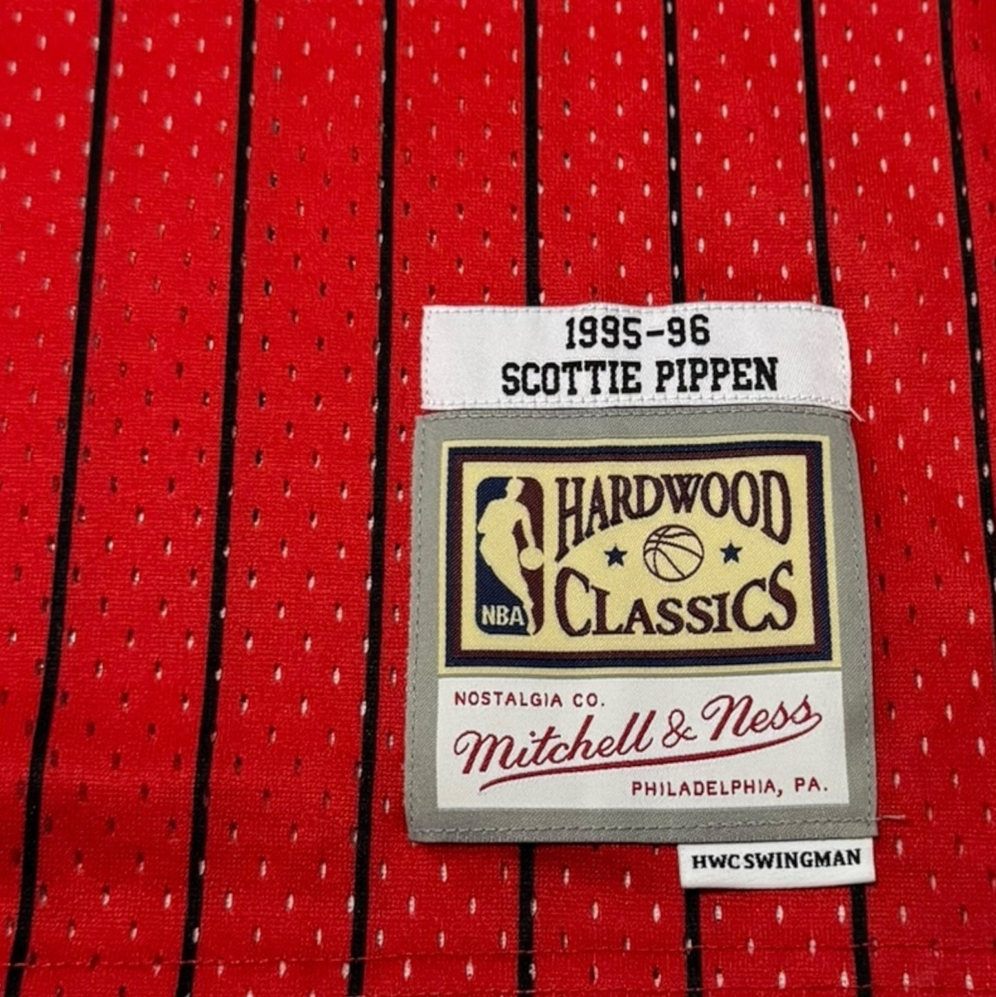 Mitchell & Ness Red Chicago Bulls Pin Stripe Scottie Pippen Jersey Size L